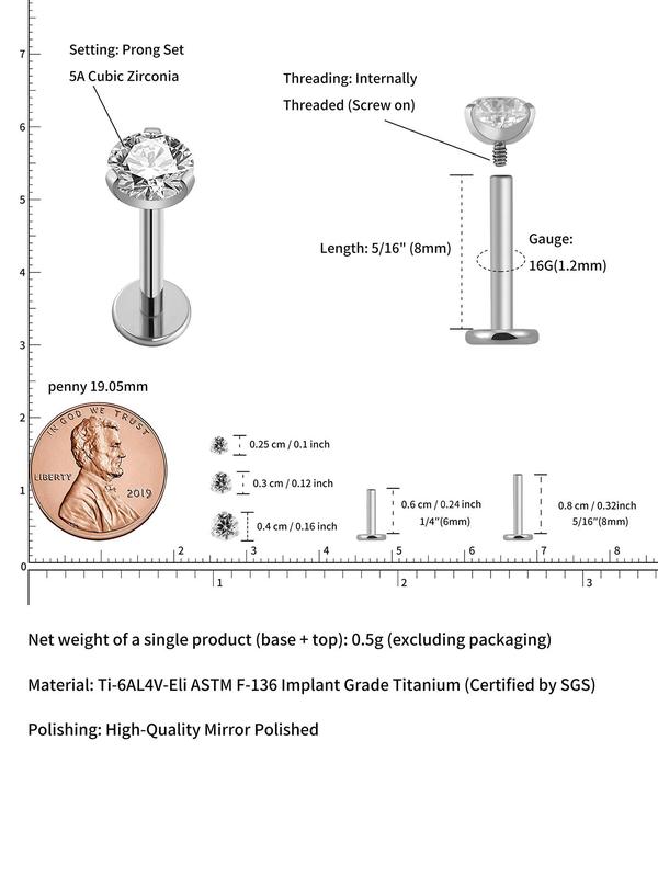 ASTM F136 Titanium Internal Thread CZ Decor Stud Piercing Jewelry for Tragus Nose Helix Conch Medusa Lip Labret, Helix Tragus Cartilage Earring for Women & Men