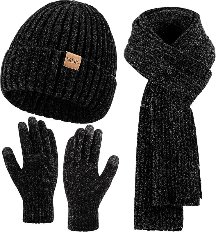 Beanie Hat for Womens Scarf Gloves Set, Fleece Lined Long Knit Scarf Touchscreen Gloves Winter Cap for Cold Weather