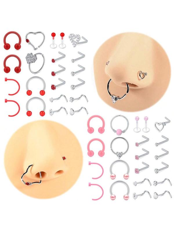 2024 New Style Cute Nose Studs, Heart & Nail Design Piercing Nose Ring Hoop for Daily Use, Stainless Steel Nose Piercing Jewelry for Women & Men