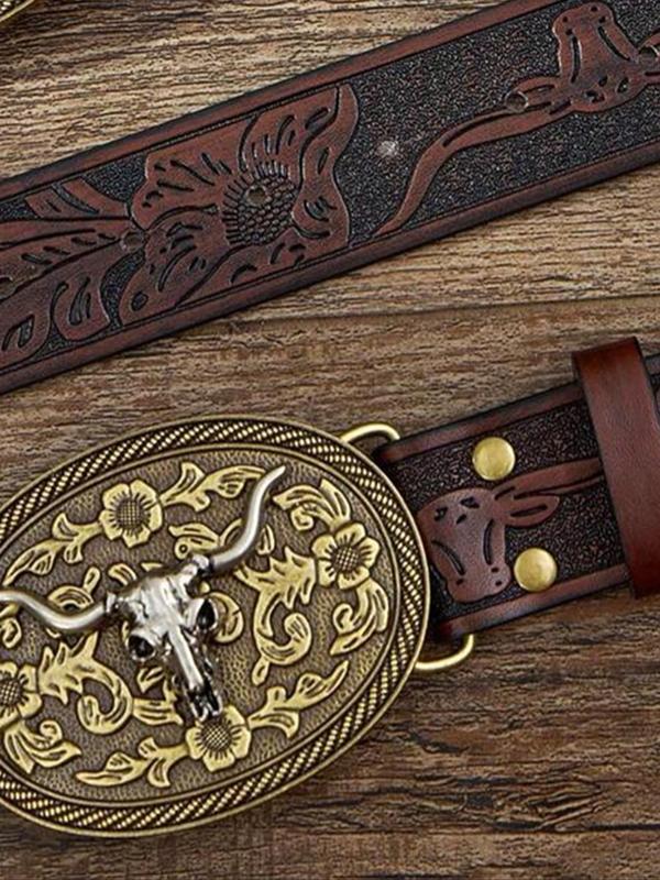 Boho Style Cowboy Bull Head Decorated Belt, Vintage Western Belt for Men & Women, Fashion Accessories for Daily Wear