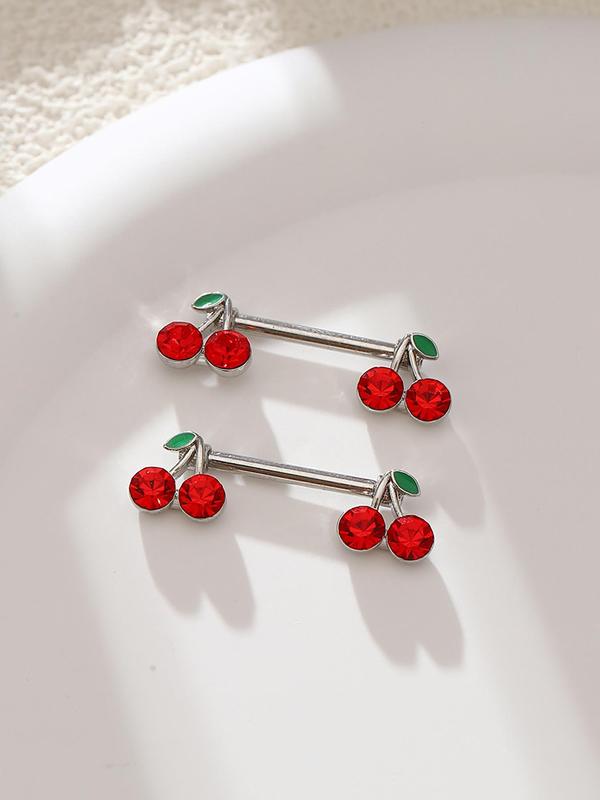 2pcs Cherry Design Stainless Steel Body Jewelry, Cute Cherry Design Nipple Ring, Body Piercing Jewelry For Women & Girls