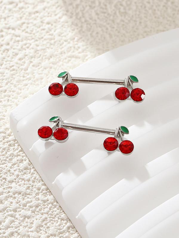 2pcs Cherry Design Stainless Steel Body Jewelry, Cute Cherry Design Nipple Ring, Body Piercing Jewelry For Women & Girls