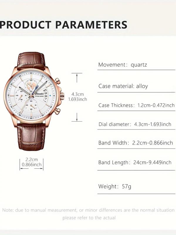 Men's Business Fashion Round Dial Analog Quartz Watch, Fashion Luminous Watch for Party, Daily Clothing Decor, Trendy All-match & Exquisite Waterproof Watch for Birthday Gift with Box