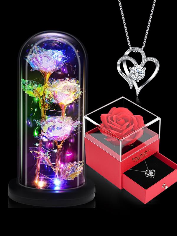 2 Piece Gifts Set for Women,  Light Up Rose in Glass-Preserved Rose with Heart Necklace,Gifts for Mom boyfriend Wife Women Sister Grandma Girlfriend Her, Mothers Gifts Day from Daughter Son Birthday Christmas Valentines Day rose box