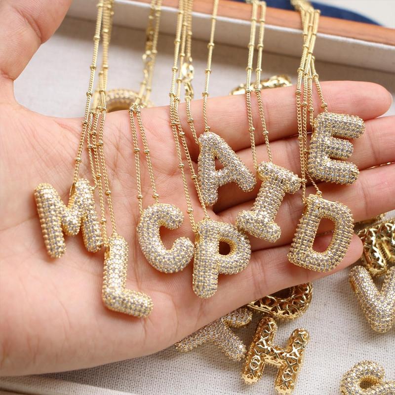 EVOKLO Bubble Letter Necklace, Iced Out Balloons Initial Necklaces for Women Statement Jewelry Girls Fashion Necklace Teen Girl Gifts