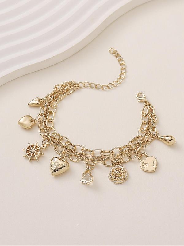 Women's Elegant Heart & Flower & Wheel Design Charm Bracelet, Fashion Jewelry for Party, Daily Clothing Decor, Trendy All-match & Exquisite Jewelry for Birthday Gift