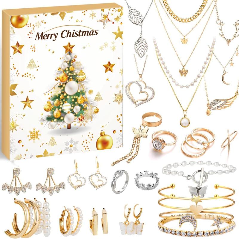 24 Days Christmas Advent Calendar, 1 Set Holiday Surprises Blind Box with Fashion Bracelet & Necklace & Ring & Earrings, Jewelry Gift for Wife Daughter