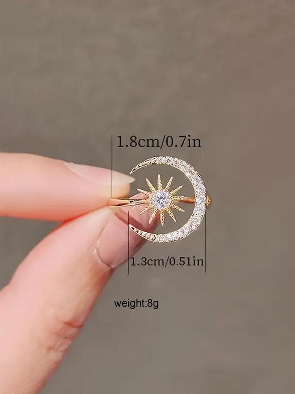 Moon & Sun Design Rhinestone Decor Cuff Ring, 2024 Fashion Summer Promise Rings Jewelry for Party, Trendy All-match & Exquisite Gift for Girlfriend