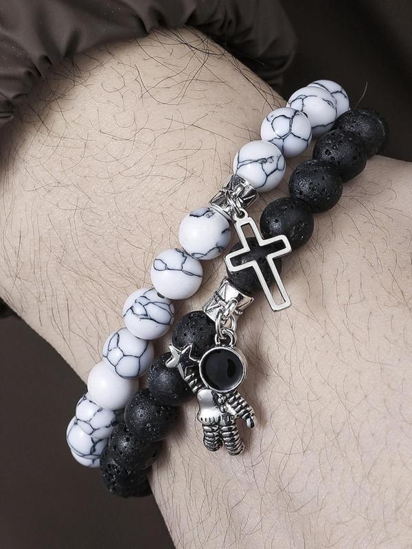 Fashion Cross & Bead Random Design Beaded Bracelet, Casual Simple Matching Bracelet for Men, Trendy All-match Jewelry for Party, Daily Clothing Decor for Gifts