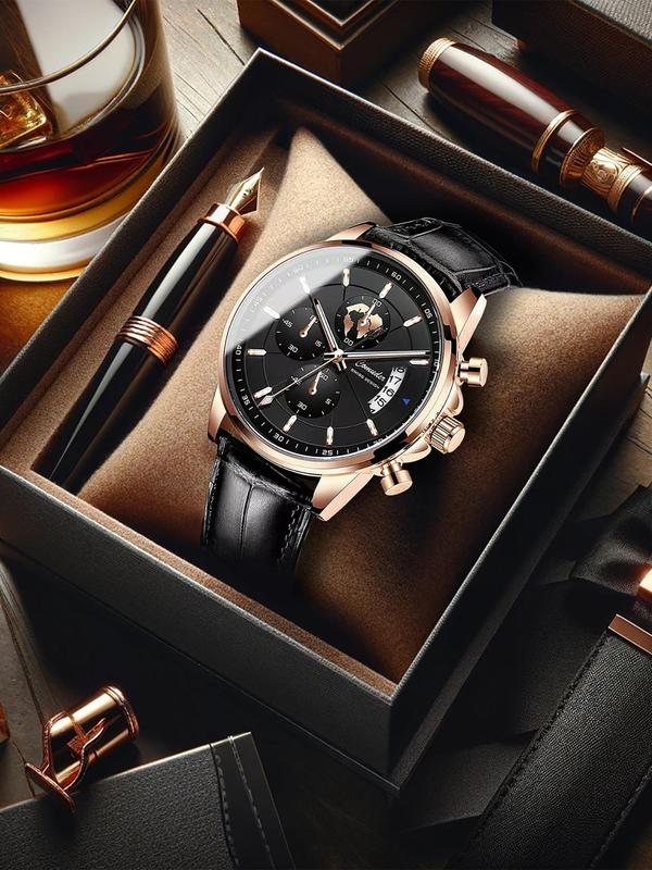 Men's Business Fashion Round Dial Analog Quartz Watch, Fashion Luminous Watch for Party, Daily Clothing Decor, Trendy All-match & Exquisite Waterproof Watch for Birthday Gift with Box