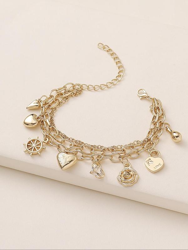 Women's Elegant Heart & Flower & Wheel Design Charm Bracelet, Fashion Jewelry for Party, Daily Clothing Decor, Trendy All-match & Exquisite Jewelry for Birthday Gift