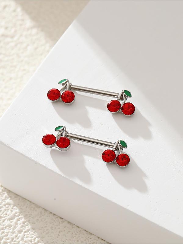 2pcs Cherry Design Stainless Steel Body Jewelry, Cute Cherry Design Nipple Ring, Body Piercing Jewelry For Women & Girls