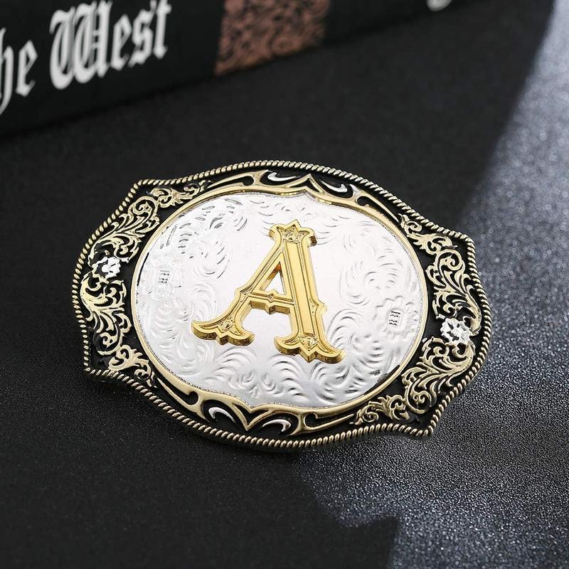 Western Belt Buckle Initial Letters ABCDMRJ to Z Cowboy Rodeo Small Gold Belt Buckles for Men Women