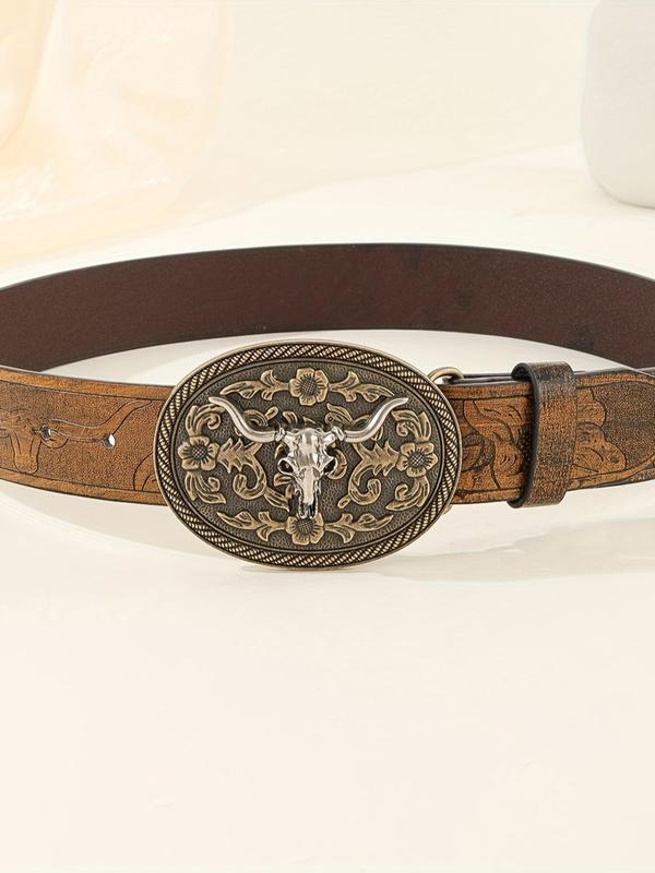 Vintage Flowers Embossed Western Belt with Cow Decor Buckle, Pu Leather Buckle Cowboy Waistband for Jeans, Trendy Designer Belt Accessories for Fall 2024, Fall Outfits, Earthtone Fall Freshness Fall Outfits For Women, 80s