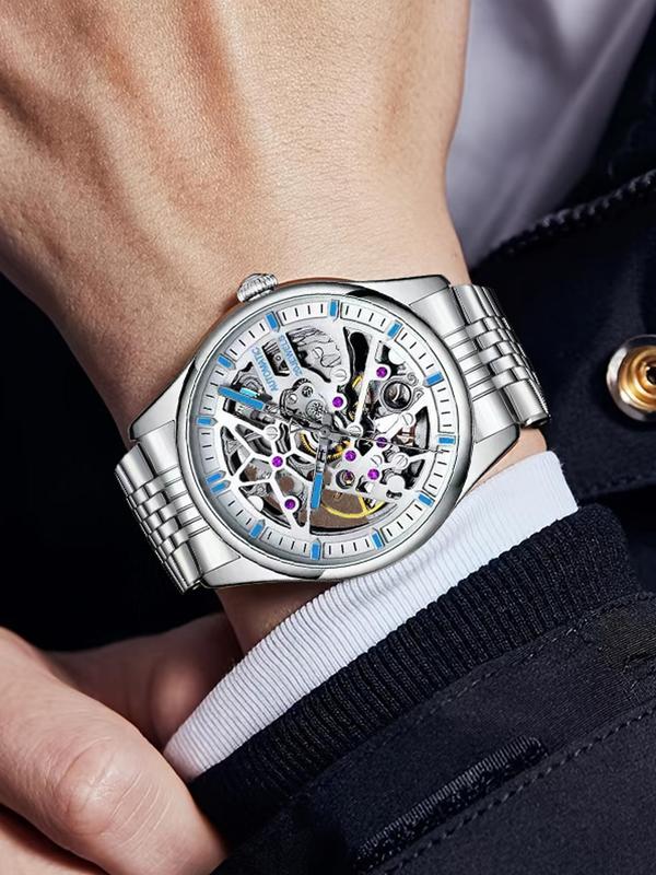 Men's Business Fashion Automatic Round Dial Mechanical Watch with Engraved Pattern, Elegant All-match Fashion Accessories for Girlfriend for Daily Wear, Exquisite Accessories for Birthday Gifts