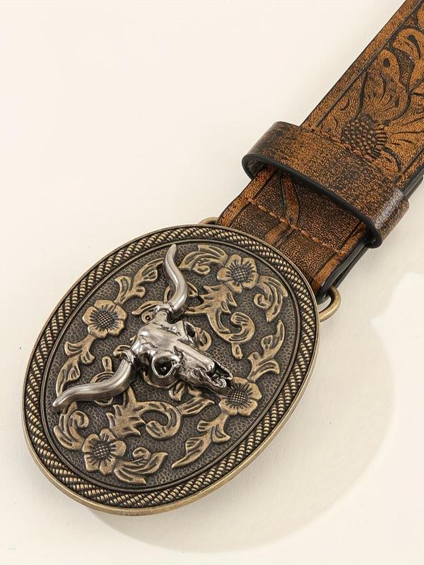 Vintage Flowers Embossed Western Belt with Cow Decor Buckle, Pu Leather Buckle Cowboy Waistband for Jeans, Trendy Designer Belt Accessories for Fall 2024, Fall Outfits, Earthtone Fall Freshness Fall Outfits For Women, 80s