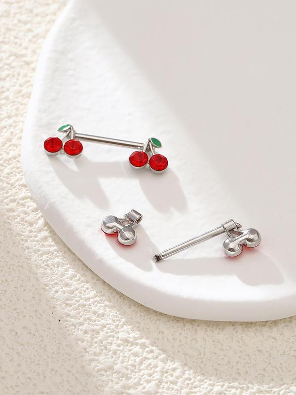 2pcs Cherry Design Stainless Steel Body Jewelry, Cute Cherry Design Nipple Ring, Body Piercing Jewelry For Women & Girls