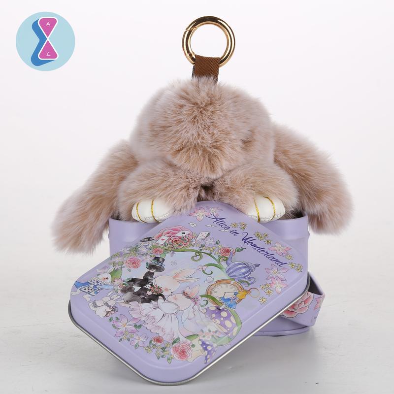 bunnylulu Handmade Fluffy BunnyPomPom Keychain with Tin Box,Gifts for Christmas present，Holiday woman key perfect gift fashion keychain, gifts for mom