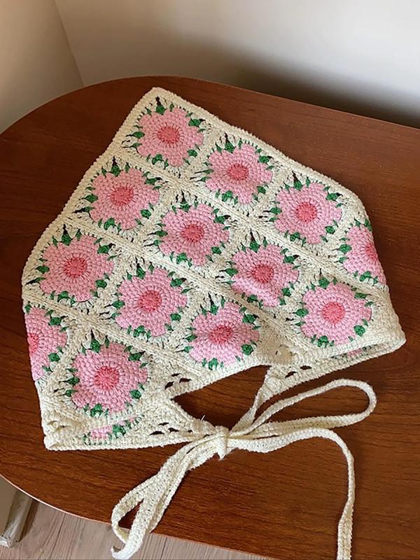 Boho Style Flower Pattern Crochet Kerchief, Cute Hair Accessories for Women & Girls, Minimalist Headwear Suitable for Beach Vacation Use