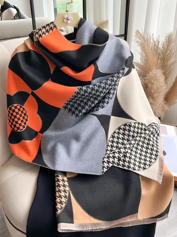 Boho Style Houndstooth Pattern Fringe Trim Design Scarf, Casual Soft Warm Shawl for Fall & Winter, Fashion Accessories for Women & Men