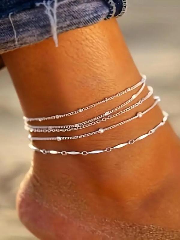 Women's Elegant Chain Design Anklet (5pcs set), Exquisite Trendy Anklet, Body Jewelry for Women & Girls for Daily & Party Decoration Beach