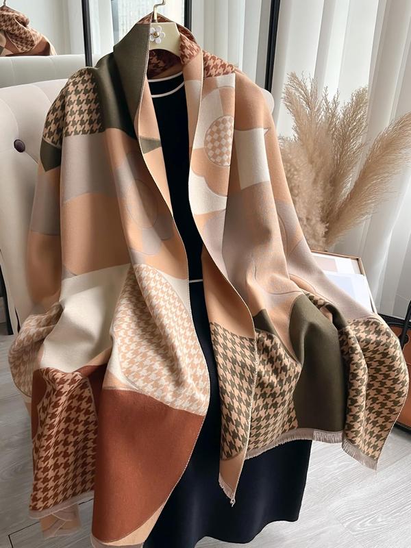 Boho Style Houndstooth Pattern Fringe Trim Design Scarf, Casual Soft Warm Shawl for Fall & Winter, Fashion Accessories for Women & Men