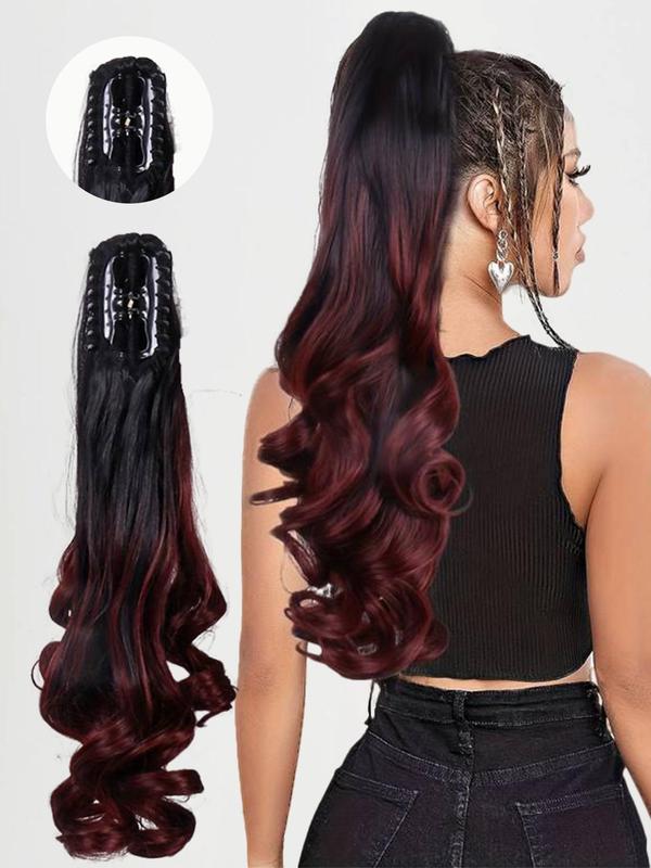 20 Inch Long Wavy Black & Red Ponytail Extension, Fashionable Gorgeous Fluffy Wigs with Claw Clip for Women, Synthetic Hair Extensions for Party, Daily Use