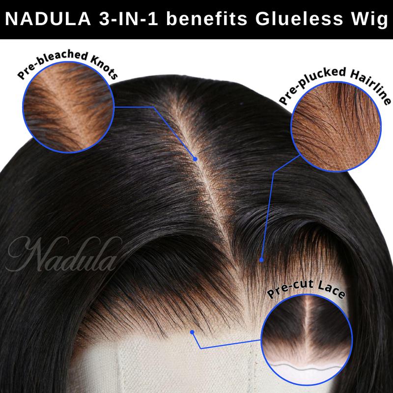 Nadula Yaki Bob Straight Put On & Go Human Hair Glueless Wig - 180% Density, Pre-Cut Lace & Natural Scalp