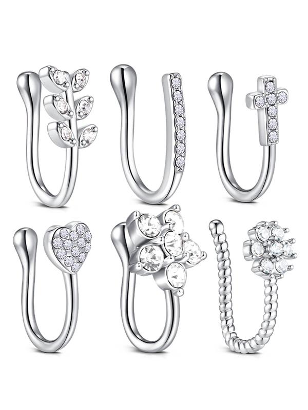 6pcs set Multi-Style Rhinestone Decorated Fake Nose Ring, Punk Style Non Piercing Nose Ring For Women & Girls, Body Jewelry For Party, Daily Clothing Decor