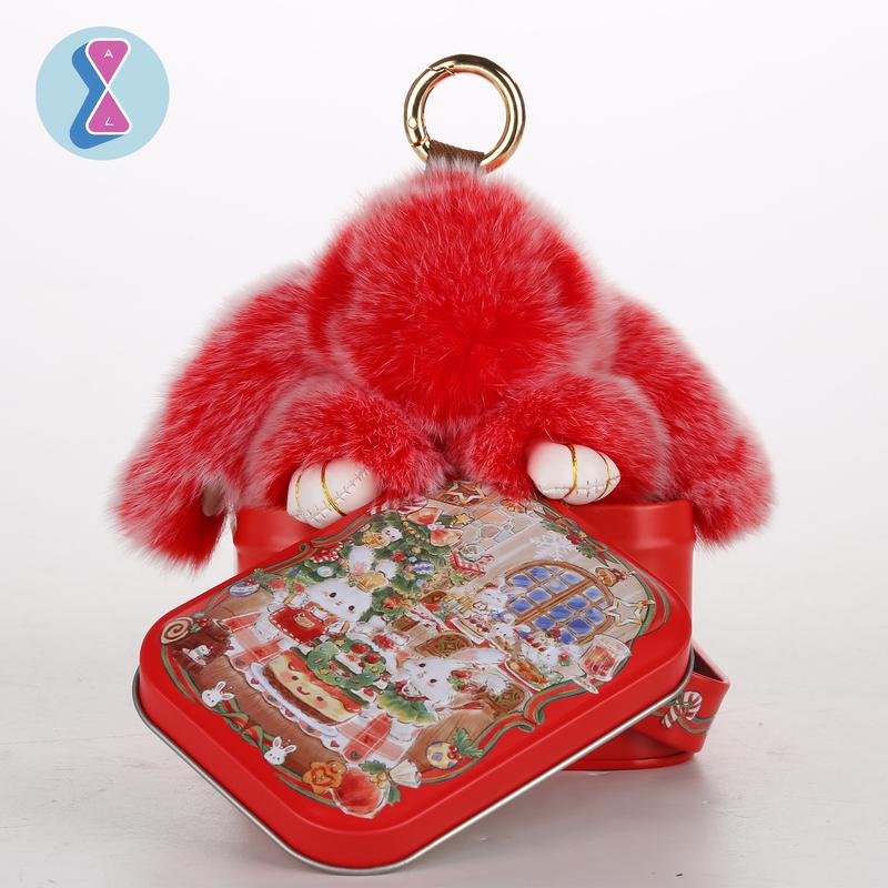 bunnylulu Handmade Fluffy BunnyPomPom Keychain with Tin Box,Gifts for Christmas present，Holiday woman key perfect gift fashion keychain, gifts for mom