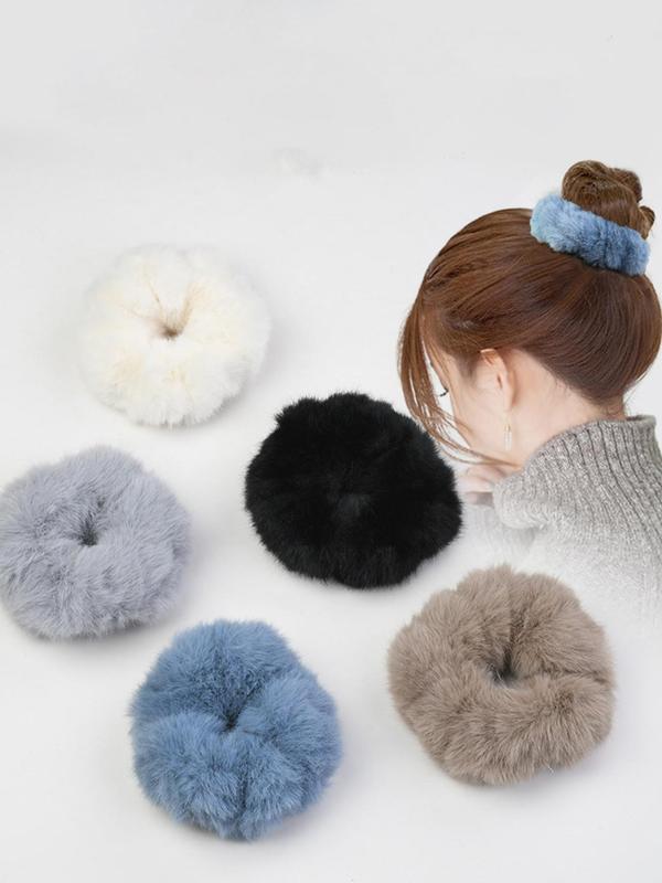 5pcs Faux Fur Solid Color Plush Hair Tie, Elegant Fashionable Hair Accessories For Women & Girls， All-match Ponytail Holder For Fall & Winter