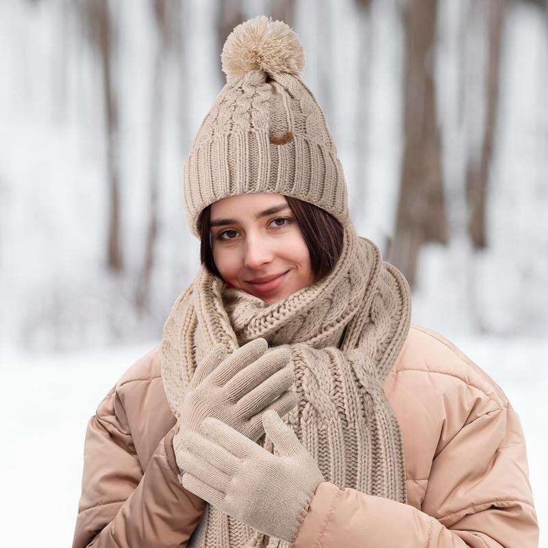 Women Winter Knit Warm Hat Beanie Scarf Gloves Set Pom Fleece Lined Hat with Long Knit Scarf, Neck Warmer Touchscreen Gloves