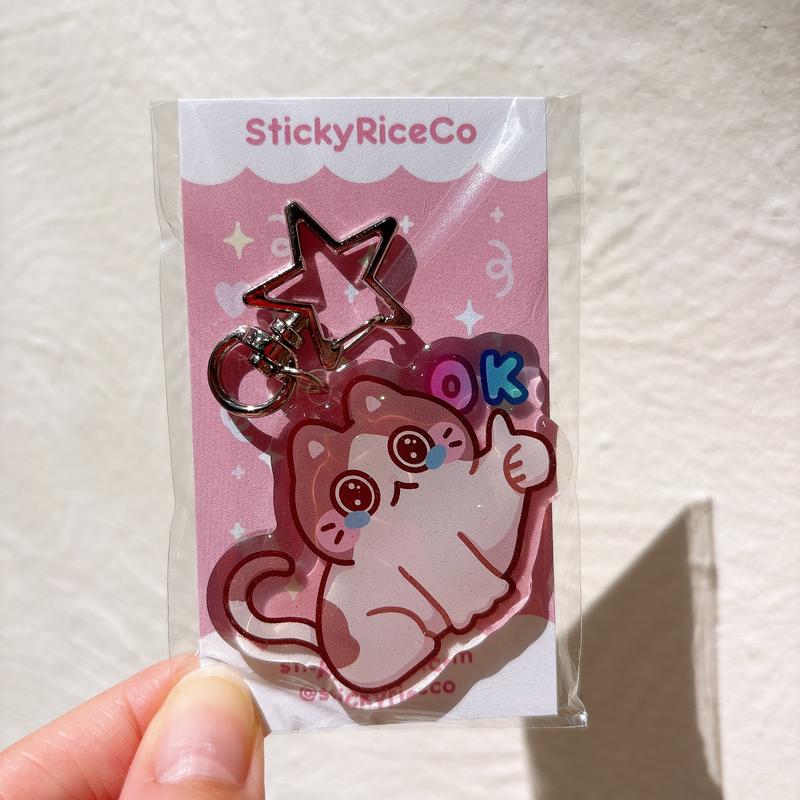 StickyRiceCo Cute Cat Meme Glitter Acrylic Keychains