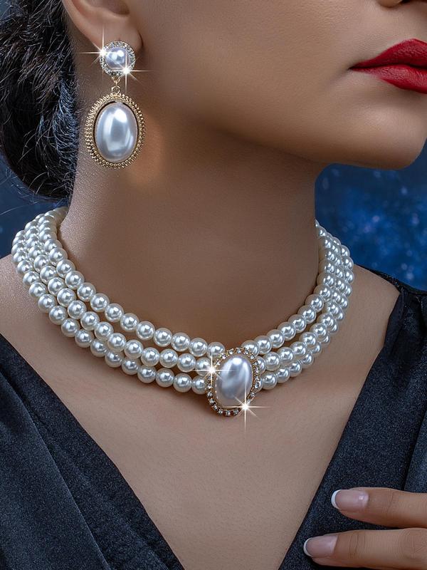 Women's Elegant Faux Pearl & Rhinestone Decorated Necklace & Dangle Earrings, Exquisite Trendy Jewelry Set, Fashionable Jewelry Set for Party Decoration