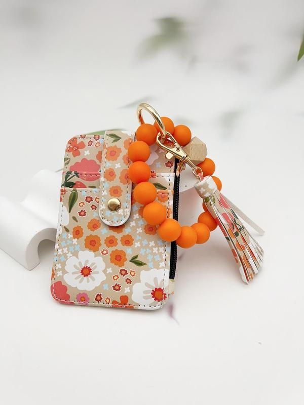 Women's Boho Style Beaded & Tassel Decorated Keychain with Flower Pattern Wallet, Cute Fall Trendy Keychain, Chic Gorgeous Keychain for Key & Bag Decor, Fall Outfits, Fall Freshness