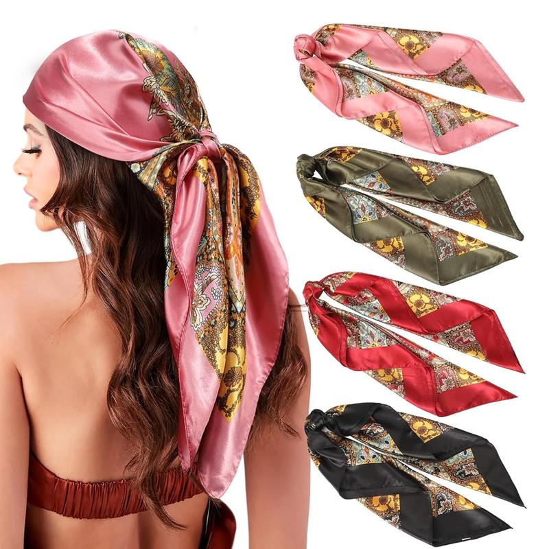 4-piece suit 35'' Printed Square Head Scarf Neck Scarves for Women Silk Like Hair Kerchief Bandanas Neck Scarf Shawls Sleeping Head Wraps Hair Band Headscarf Female Hair Accessories