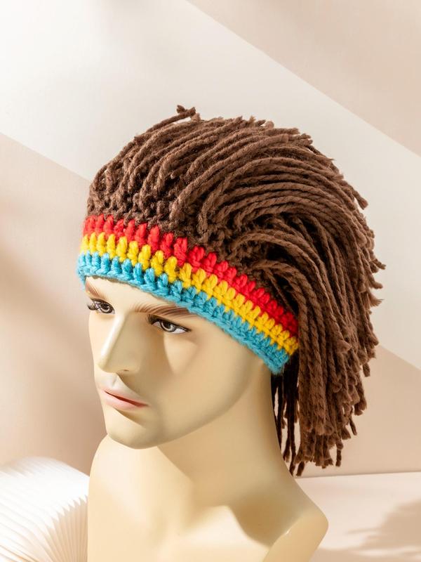 2024 Street Trend Y2k Rainbow Striped Crochet Dreadlock Beanies for Men, Summer Funny High Stretch Rasta Hair Wig Cap for Teens Boys, Cute Novelty Knitting Wig Beanie Hat for Festival Carnival