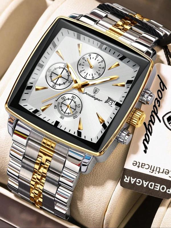 Men's Business Fashion Square Dial Quartz Watch, Casual Trendy Luminous Chronograph Watch, Waterproof Watch with Box for Men As Gift