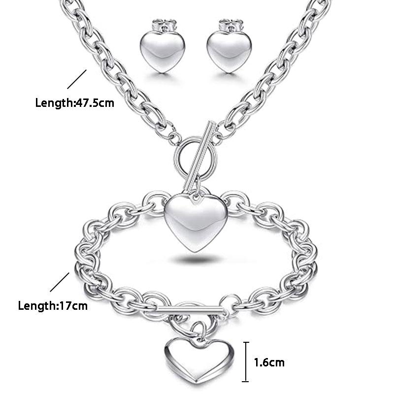 3-piece Heart-shaped Pendant Necklace Switch Chain Heart-shaped Bracelet Heart-shaped Stud Earrings Women's Stainless Steel Charm Love Jewelry Set Halloween