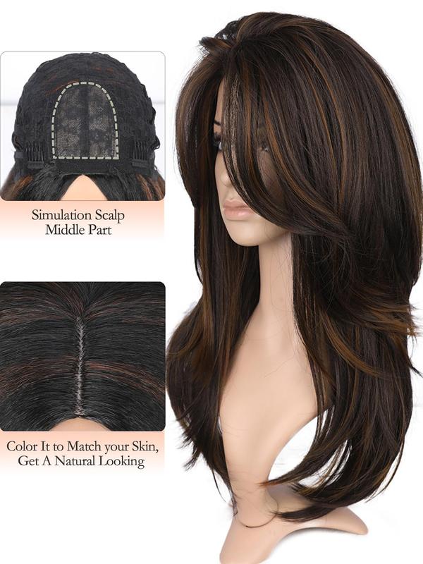 22 Inch Layered Mixed Brown Yaki Straight Synthetic Wig, Kinky Straight Highlight Wig with Layered Bangs, Heat Resistant Fiber Wig for Women