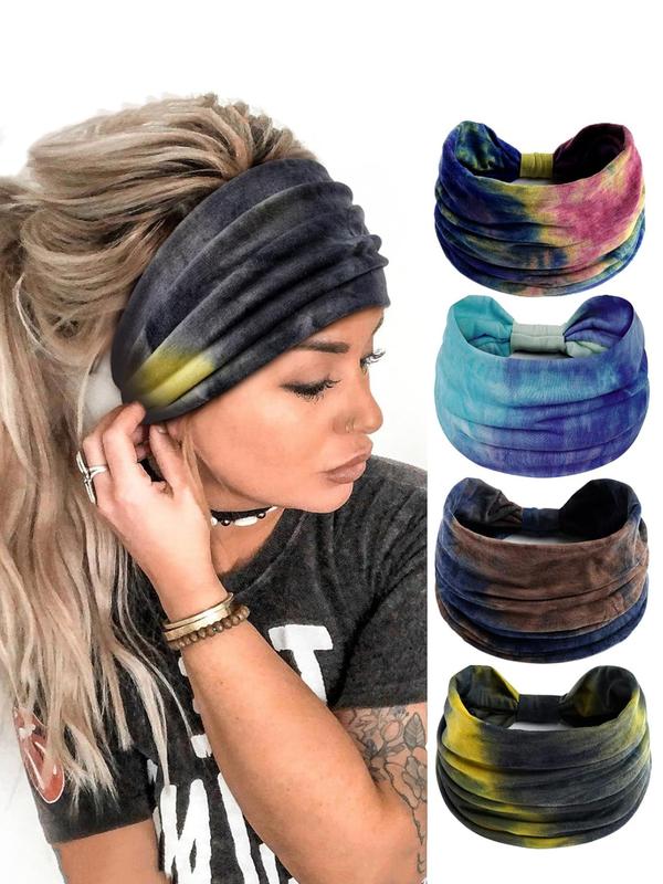 Women's Tie Dye Print Knot Design Hair Band, Elastic Wide Sports Hair Band, 4 Counts Summer Outdoor Hair Band for Gym Workout Running