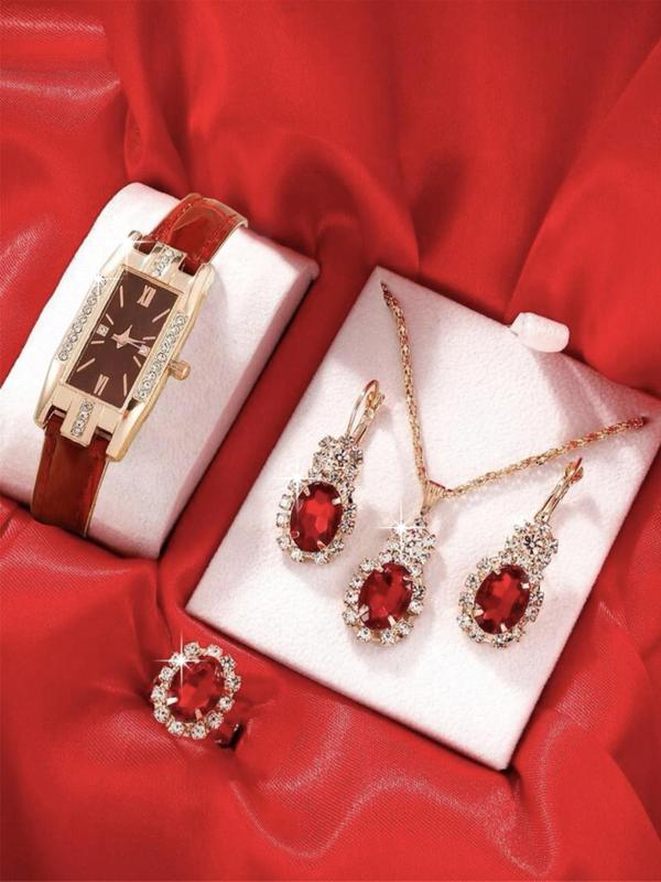 Women's Elegant Rhinestone Decorated Square Dial Watch & Jewelry Set (5 Counts set), Including Artificial Gemstone Decorated Watch & Necklace & Dangle Earrings & Ring, Luxury Fashionable Watch Set for Women Without Box