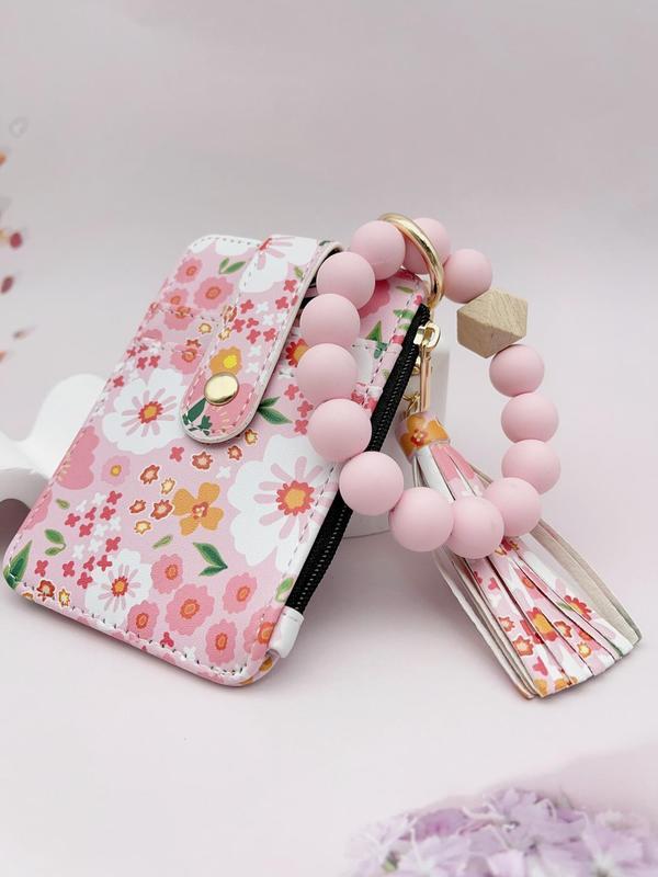 Women's Boho Style Beaded & Tassel Decorated Keychain with Flower Pattern Wallet, Cute Fall Trendy Keychain, Chic Gorgeous Keychain for Key & Bag Decor, Fall Outfits, Fall Freshness