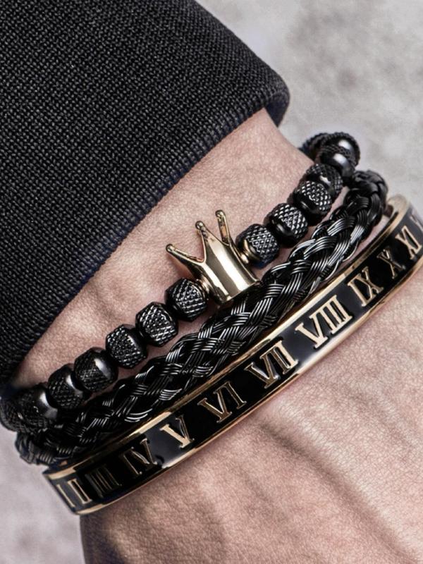 Men's Crown Design Beaded Bangle, Fashionable Braid & Roman Numerals Cuff Bracelet for Party, Daily  Decor, Trendy Exquisite Jewelry for Birthday Gift