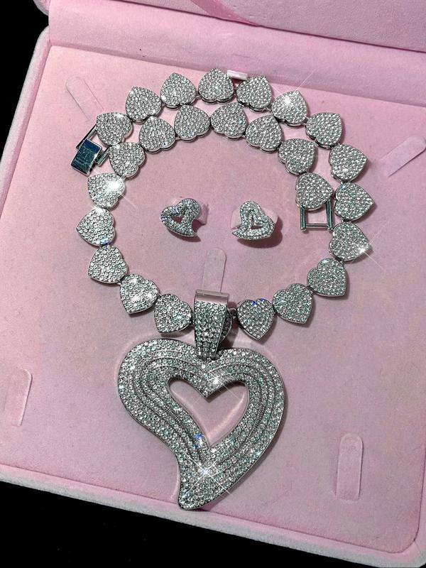 Rhinestone Decorated Heart Shaped Jewelry Set, Including Necklace & Studs Earrings, Fashion Jewelry for Party, Daily Decor, Trendy All-match & Exquisite Jewelry for Birthday Gift