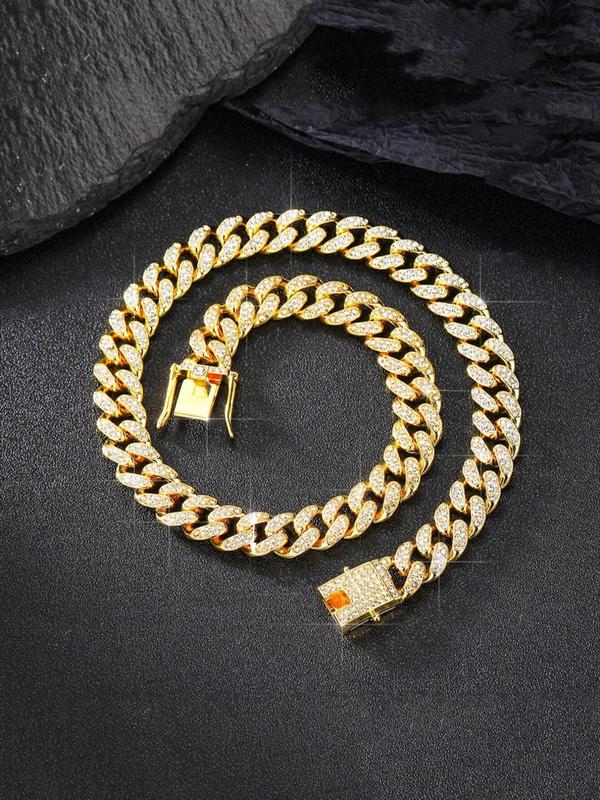 Rhinestone Decor Cuban Link Chain Necklace & Bracelet, Fashion Hip Hop Jewelry for Party, Daily Decor, Trendy All-match Iced Out Jjewelry for Birthday Gift