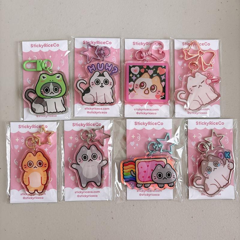 StickyRiceCo Cute Cat Meme Glitter Acrylic Keychains