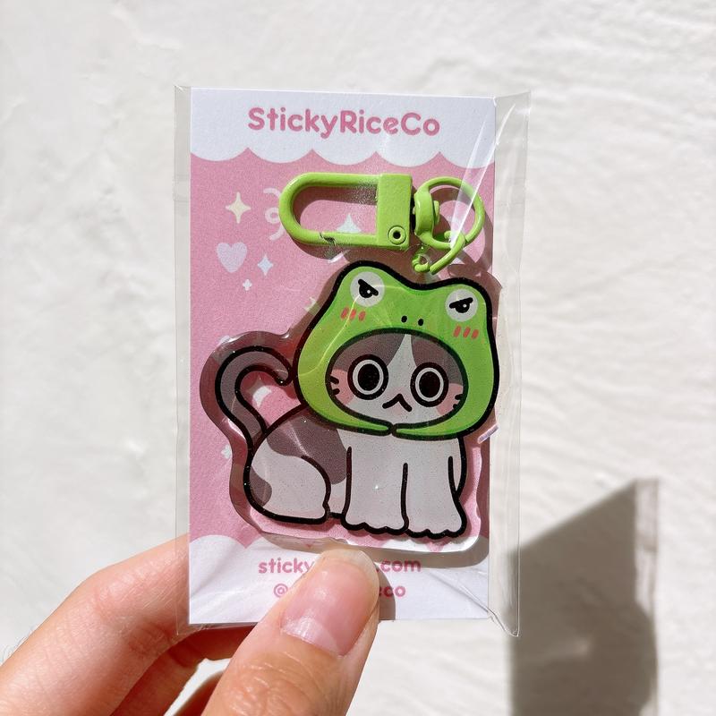 StickyRiceCo Cute Cat Meme Glitter Acrylic Keychains