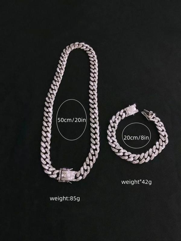 Rhinestone Decor Cuban Link Chain Necklace & Bracelet, Fashion Hip Hop Jewelry for Party, Daily Decor, Trendy All-match Iced Out Jjewelry for Birthday Gift