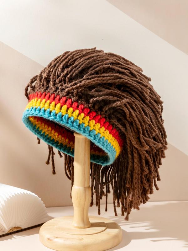 2024 Street Trend Y2k Rainbow Striped Crochet Dreadlock Beanies for Men, Summer Funny High Stretch Rasta Hair Wig Cap for Teens Boys, Cute Novelty Knitting Wig Beanie Hat for Festival Carnival